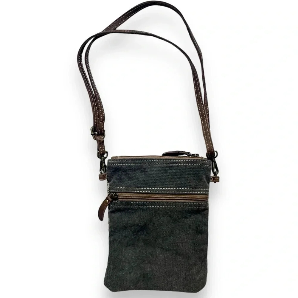 Myra Timeless Upcycled Boho Leather Canvas Crossbody Bag - Picture 5 of 5
